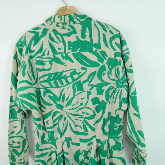 Vintage 80s Linen Blend Shirt Dress Modest Fit Flare 12 Resort Tropical Retro - Picture 12 of 12